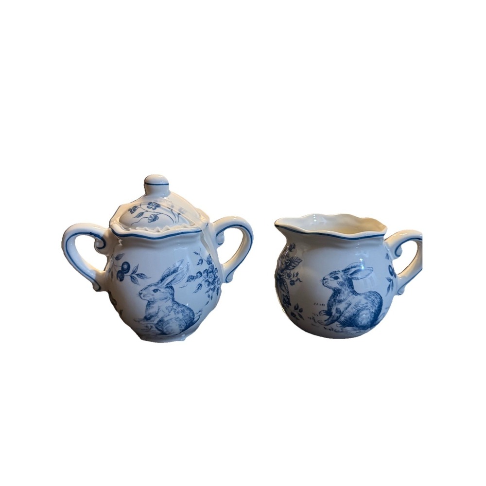 Maxcera Happy Easter Blue White Toile Bunny Sugar Creamer‎  Jar s/2